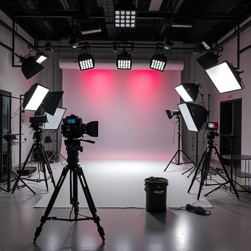 A diverse range of video production equipment, cameras, and lighting setups used at Emberglow Studios
