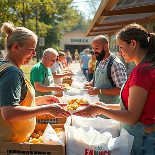 Still from a campaign video for 'City Harvest' featuring volunteers distributing food