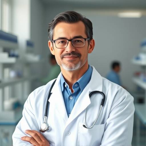 Still image from the 'Innovation in Healthcare' corporate video project, featuring a doctor in a lab coat